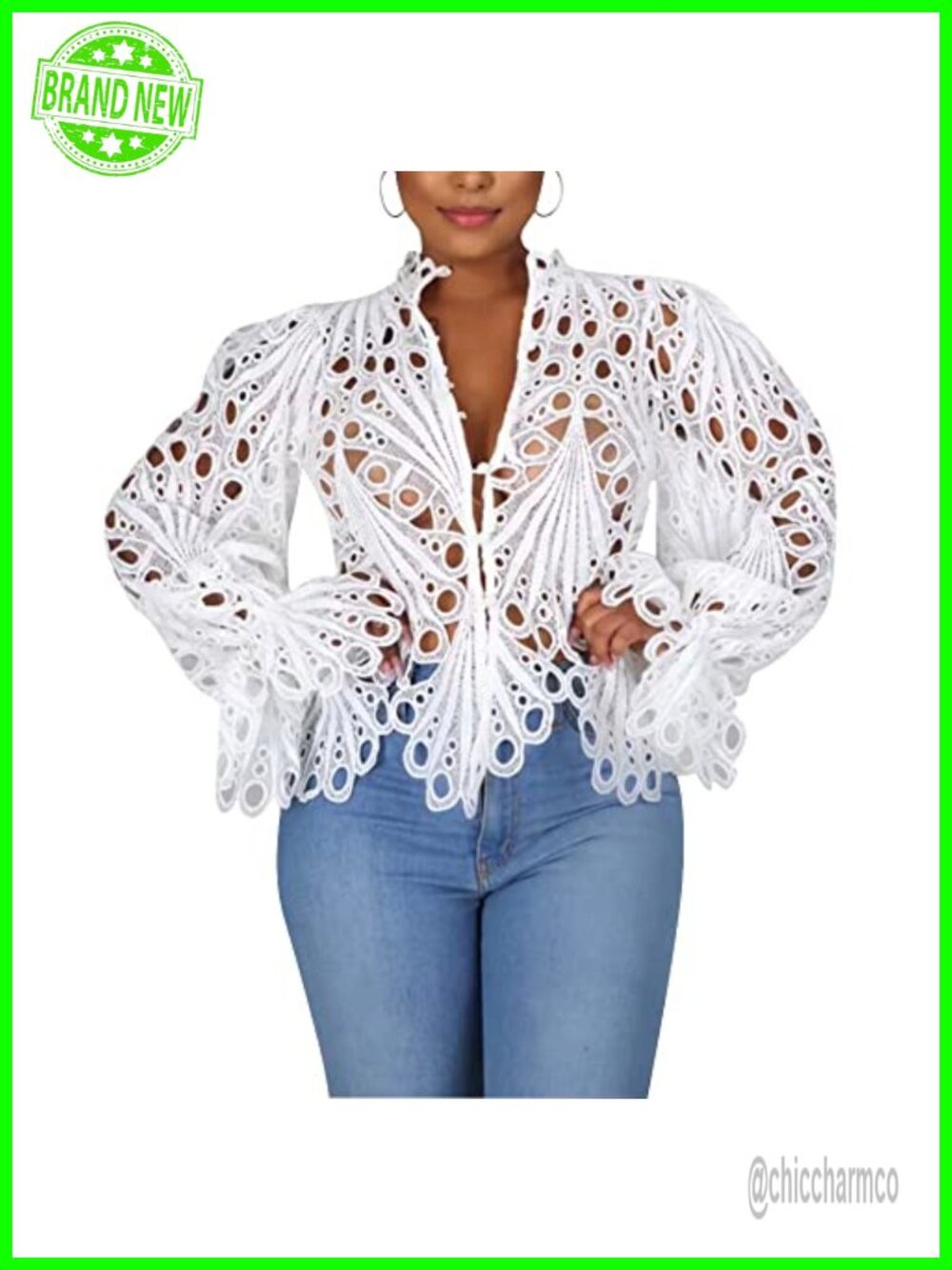 Womens Lace Puff Sleeve Button Down Tunic Top Blouse